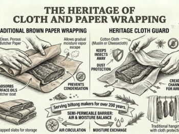 Traditional biltong storage methods using cloth and brown paper wrapping infographic.