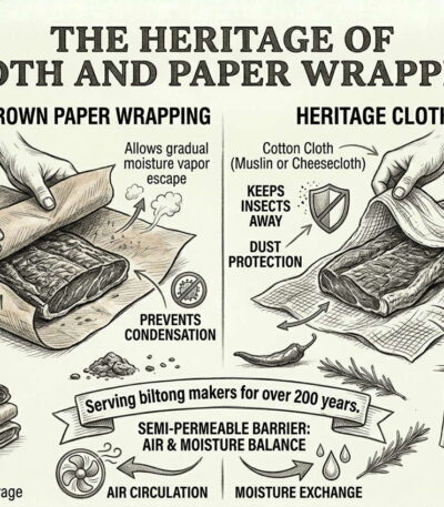 Traditional biltong storage methods using cloth and brown paper wrapping infographic.