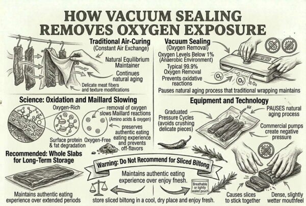 Infographic comparing biltong storage methods using air-curing and vacuum sealing for freshness preservation.