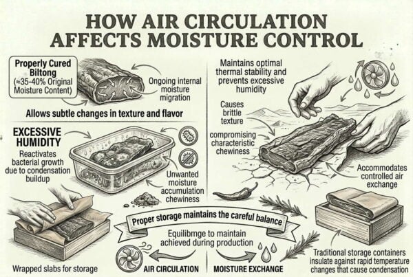 Infographic showing biltong storage methods, air circulation, and humidity control for optimal preservation.