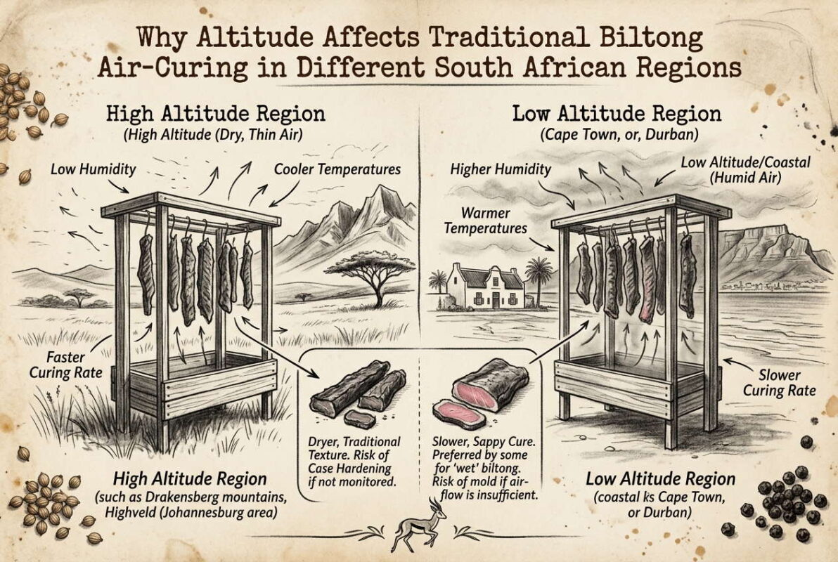 Biltong air-curing infographic comparing altitude effects on drying in South African regions.