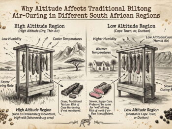 Biltong air-curing infographic comparing altitude effects on drying in South African regions.