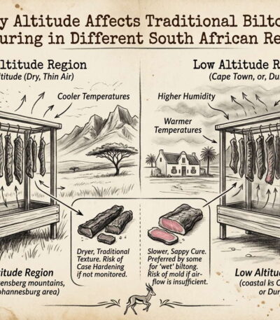 Biltong air-curing infographic comparing altitude effects on drying in South African regions.
