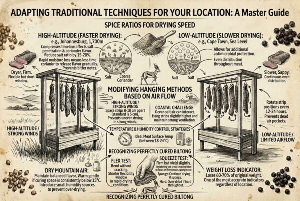 Biltong air-curing guide showing altitude, humidity, and airflow tips for perfect meat drying.