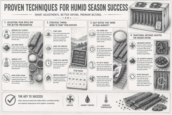 Infographic showing proven biltong drying tips and techniques for high humidity conditions.