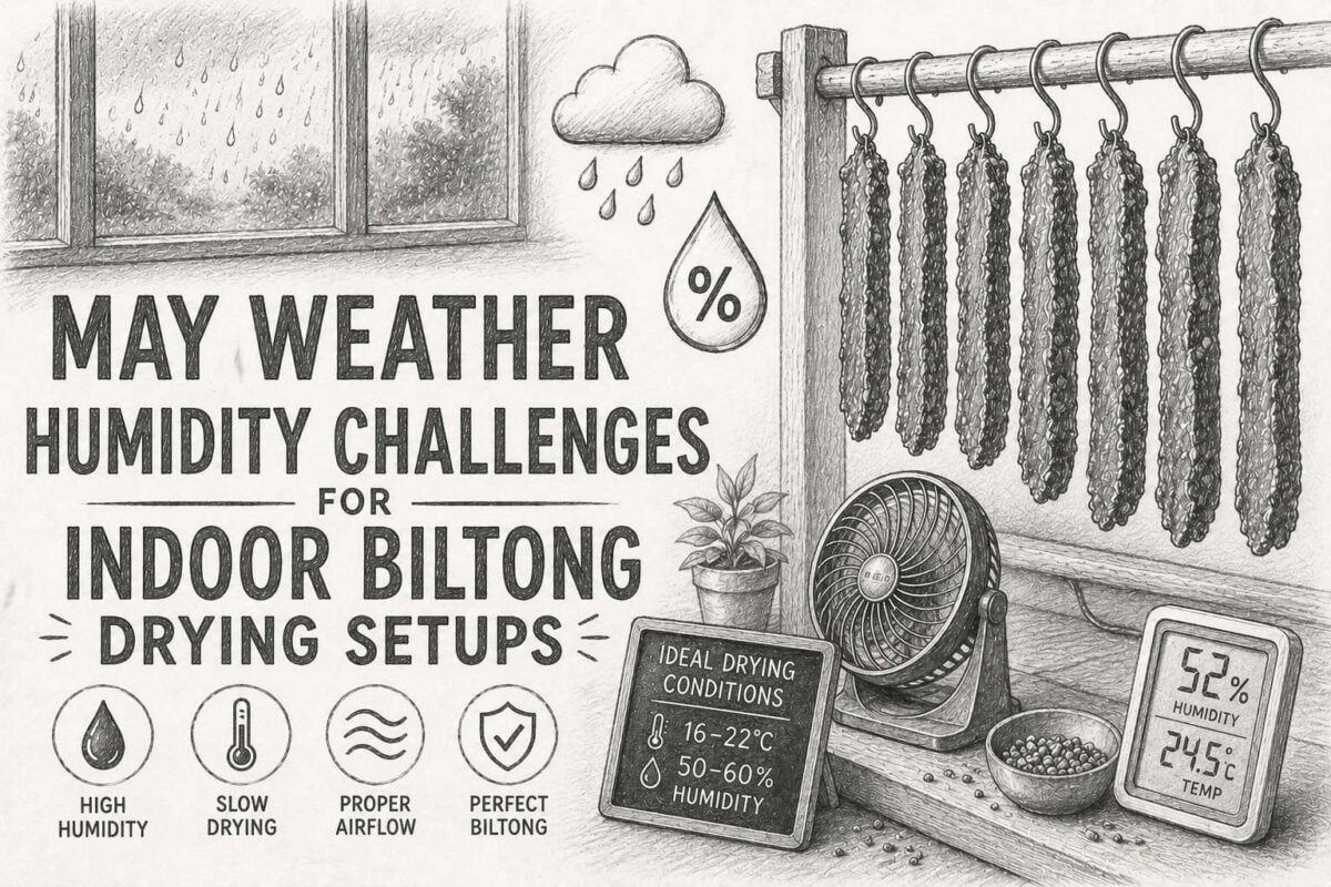 Indoor biltong drying setup facing high humidity challenges in May weather.
