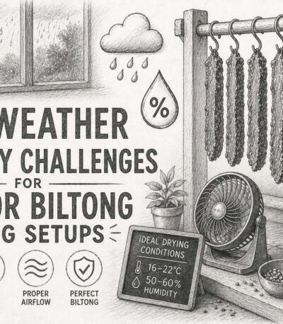Indoor biltong drying setup facing high humidity challenges in May weather.