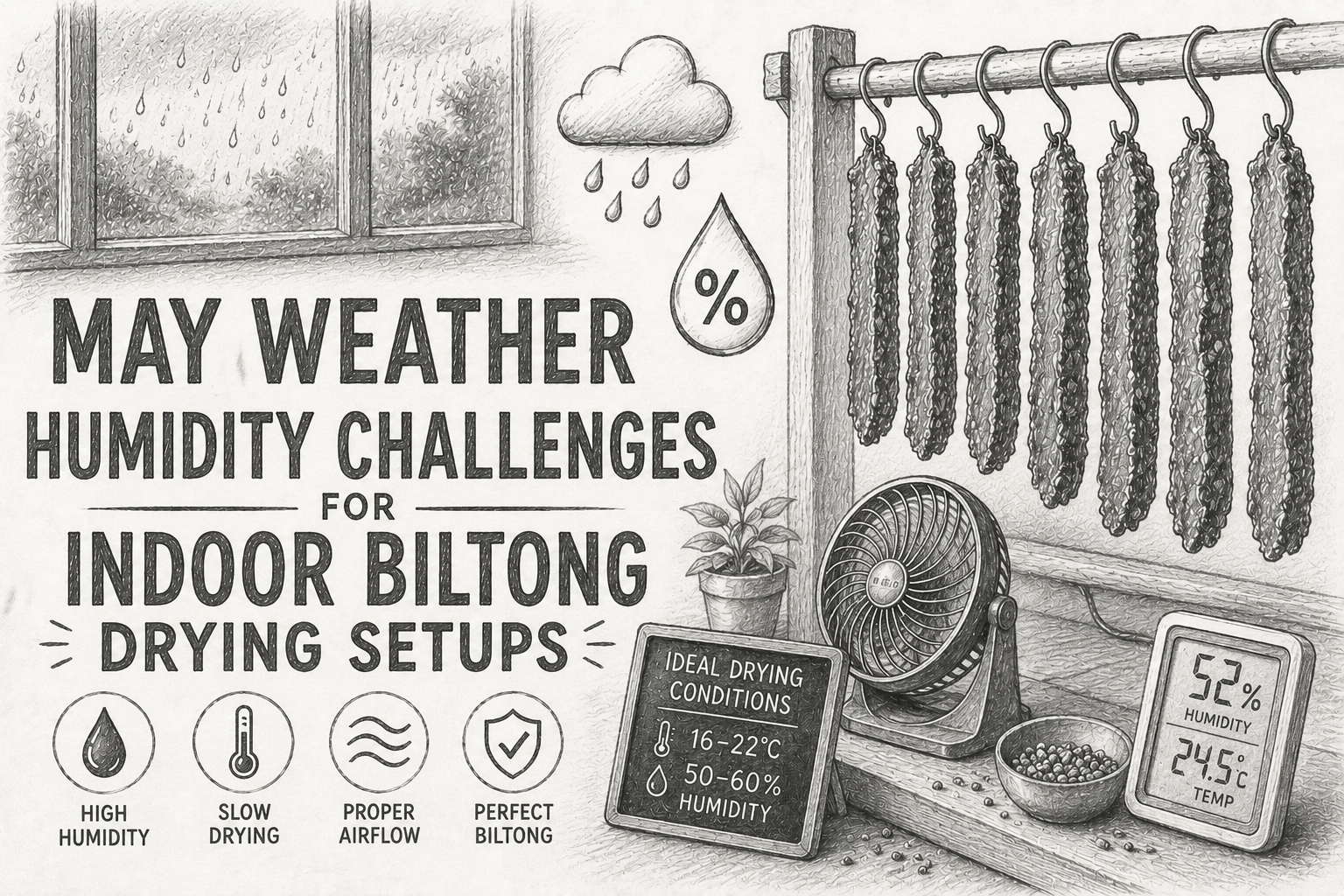 Indoor biltong drying setup facing high humidity challenges in May weather.