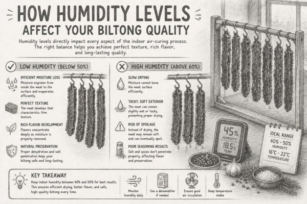 Biltong drying humidity guide showing ideal and high humidity effects on meat texture and quality.