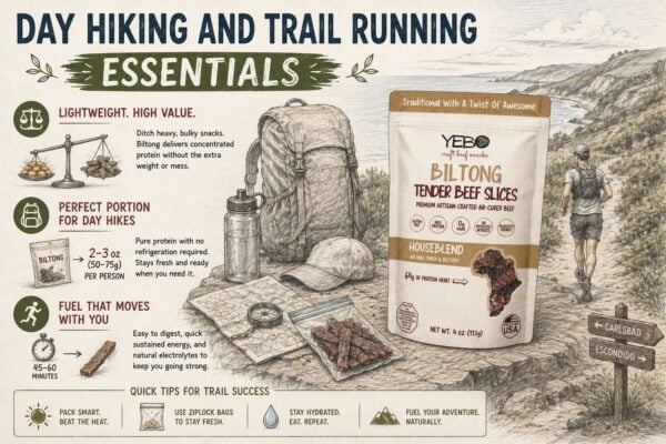 Portable biltong snacks for day hiking and trail running essentials poster.