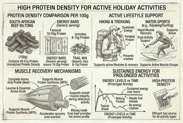 High protein biltong infographic comparing protein snacks for Memorial Day activities.