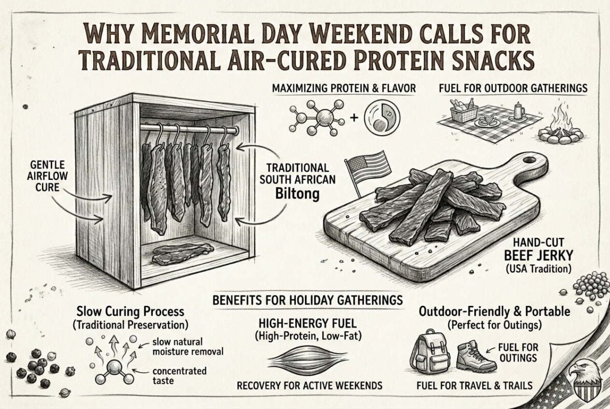 Memorial Day protein snacks poster showing traditional biltong and beef jerky for holiday gatherings.