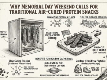 Memorial Day protein snacks poster showing traditional biltong and beef jerky for holiday gatherings.