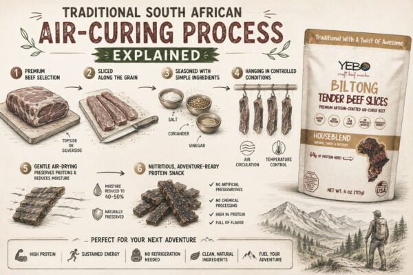 Traditional South African biltong air-curing process showing portable biltong snacks and natural ingredients.