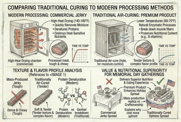 Traditional vs modern jerky methods comparison for Memorial Day protein snacks.