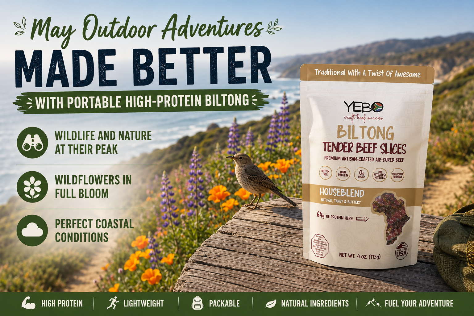 Portable biltong snacks for outdoor adventures and high-protein energy on the go.