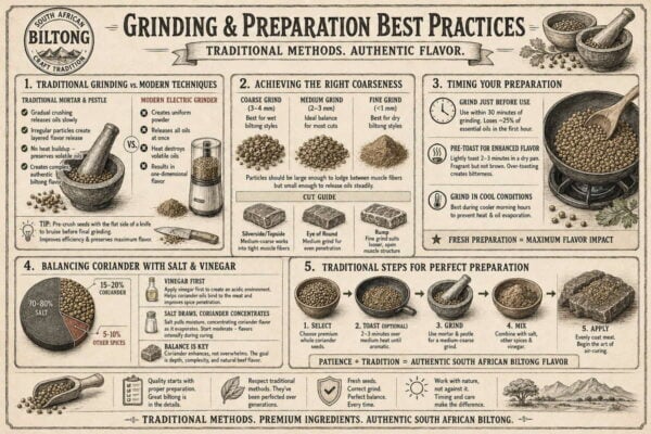 Traditional coriander seed biltong grinding and preparation guide for authentic South African flavor.