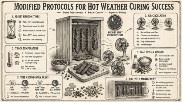 Summer biltong curing infographic showing hot weather meat drying tips and temperature control steps.