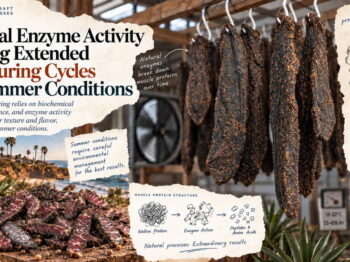 Summer biltong curing in a controlled air-curing environment with hanging and sliced South African biltong
