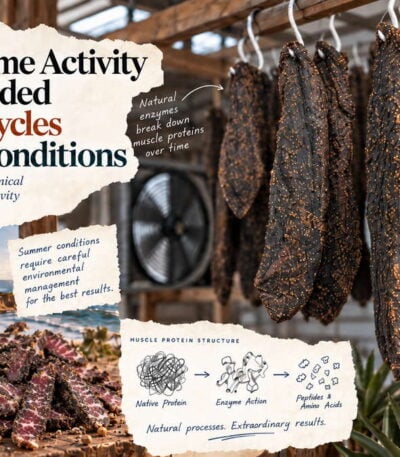 Summer biltong curing in a controlled air-curing environment with hanging and sliced South African biltong