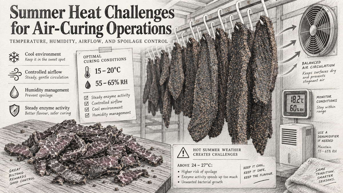 Summer biltong curing guide showing controlled temperature, humidity, airflow and enzyme activity during air-curing.