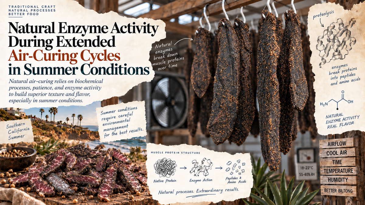 Summer biltong curing in a controlled air-curing environment with hanging and sliced South African biltong