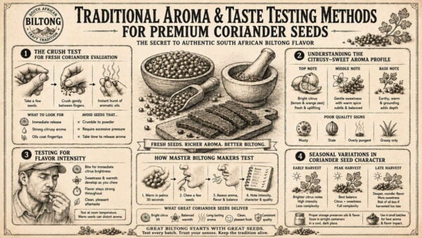 Vintage infographic showing coriander seed aroma and taste testing methods for authentic biltong.