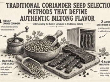 Vintage infographic showing traditional coriander seed selection methods for authentic South African biltong flavor.