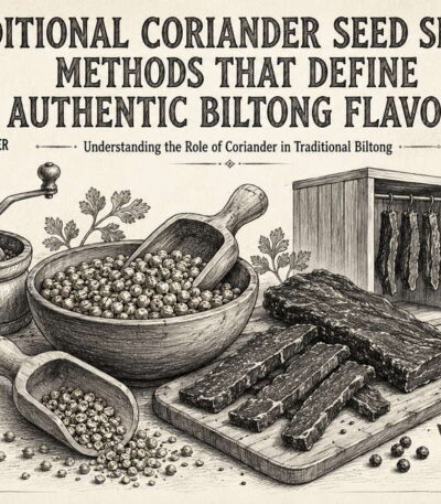 Vintage infographic showing traditional coriander seed selection methods for authentic South African biltong flavor.
