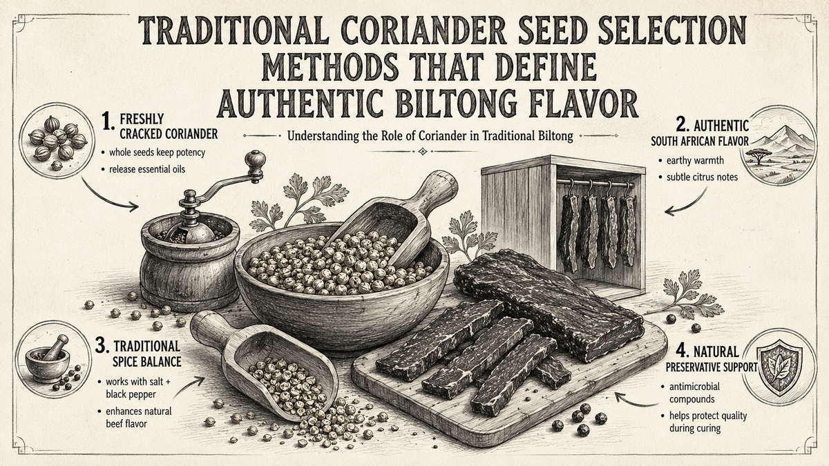 Vintage infographic showing traditional coriander seed selection methods for authentic South African biltong flavor.