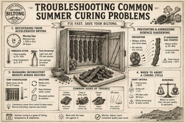Summer biltong curing troubleshooting guide with illustrated tips for heat and humidity control.