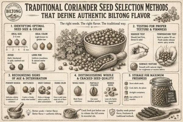 Illustrated guide showing coriander seed selection methods for authentic South African biltong flavor.