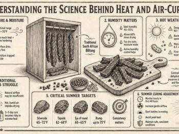 Summer biltong curing infographic explaining optimal temperature, humidity, and airflow for safe meat drying.