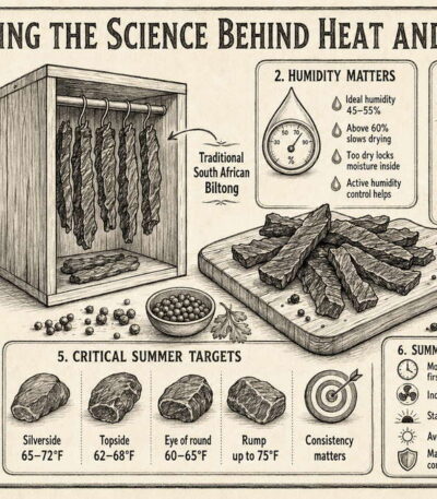 Summer biltong curing infographic explaining optimal temperature, humidity, and airflow for safe meat drying.