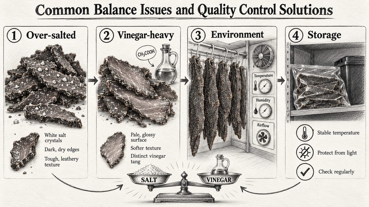 Pencil infographic comparing over-salted biltong, vinegar-heavy biltong, environmental controls and protective storage.