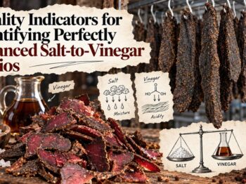 Salt, vinegar and authentic sliced biltong illustrating the science of achieving a balanced biltong salt vinegar ratio.