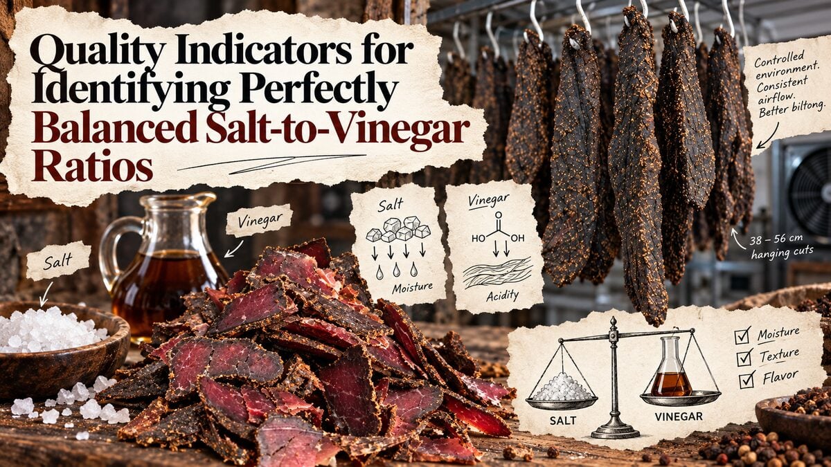 Salt, vinegar and authentic sliced biltong illustrating the science of achieving a balanced biltong salt vinegar ratio.