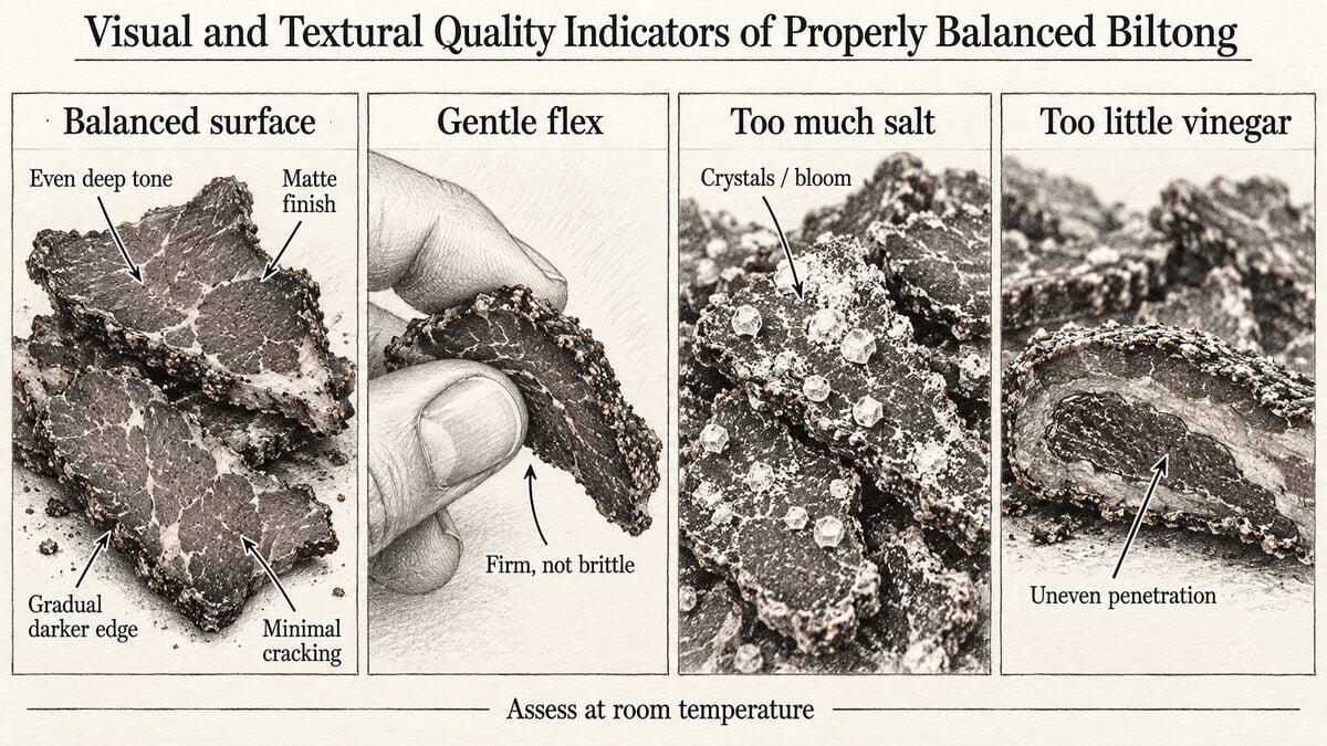 Graphite comparison of properly balanced biltong, excess salt crystallization and insufficient vinegar penetration.