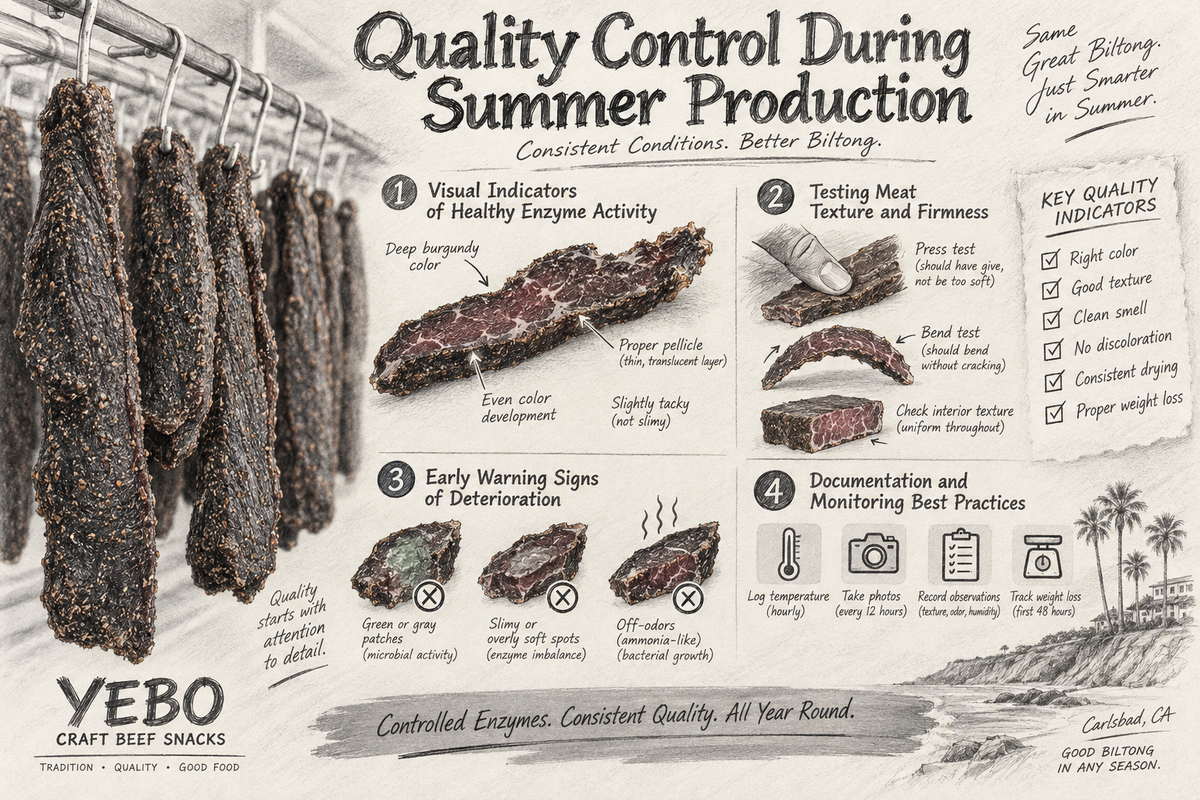 Summer biltong quality control showing visual inspection, texture testing, temperature monitoring, spoilage warning signs and weight-loss tracking during air-curing.
