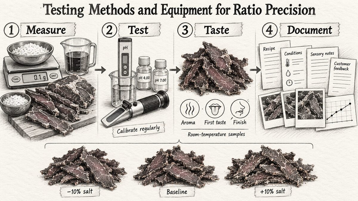 Graphite workflow showing a precision scale, pH testing, sensory evaluation and batch records for biltong ratio control.