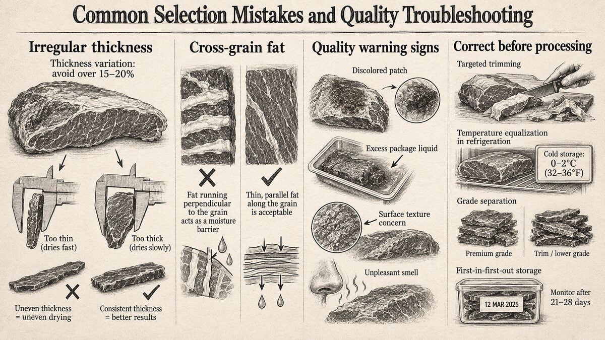 Graphite troubleshooting guide showing irregular topside thickness, cross-grain fat, warning signs, trimming, and refrigerated storage.