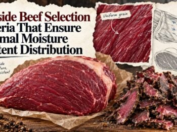 Raw topside beef with uniform muscle grain beside sliced biltong and diagrams illustrating even moisture distribution.