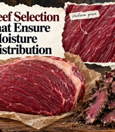 Raw topside beef with uniform muscle grain beside sliced biltong and diagrams illustrating even moisture distribution.