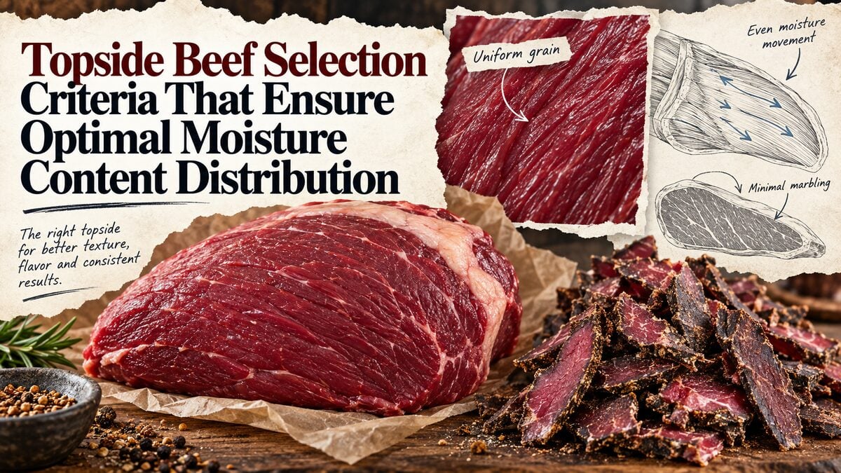 Raw topside beef with uniform muscle grain beside sliced biltong and diagrams illustrating even moisture distribution.