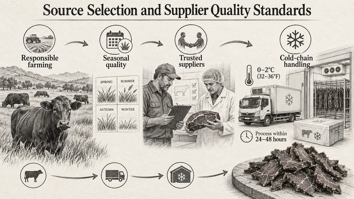 Pencil illustration tracing topside beef from responsible farming and trusted suppliers through refrigerated transport and storage.
