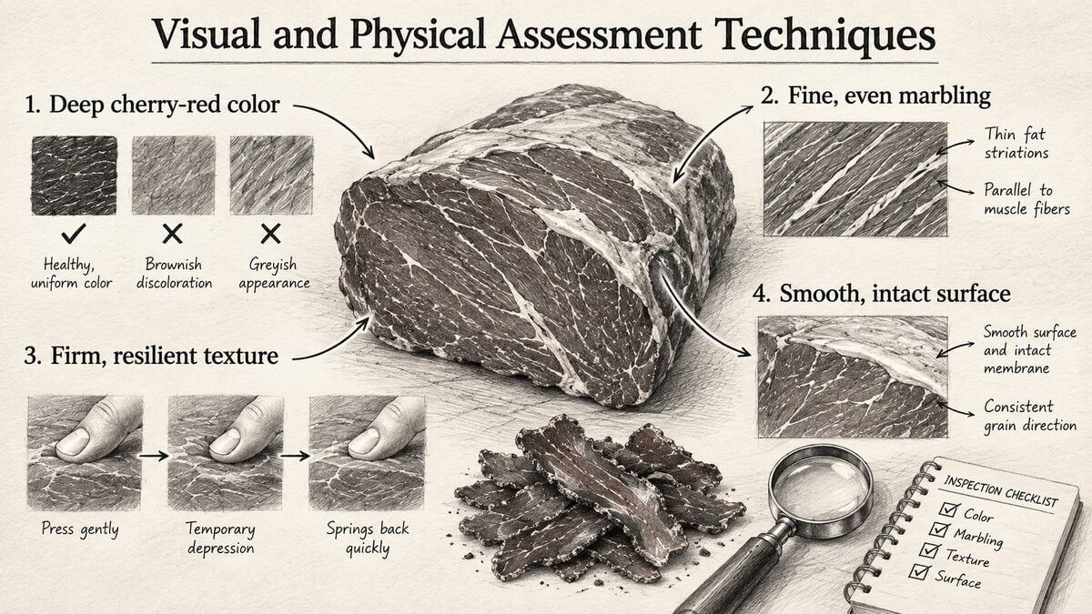 Pencil infographic demonstrating topside beef color, marbling, firmness, grain direction, and surface-quality assessment.