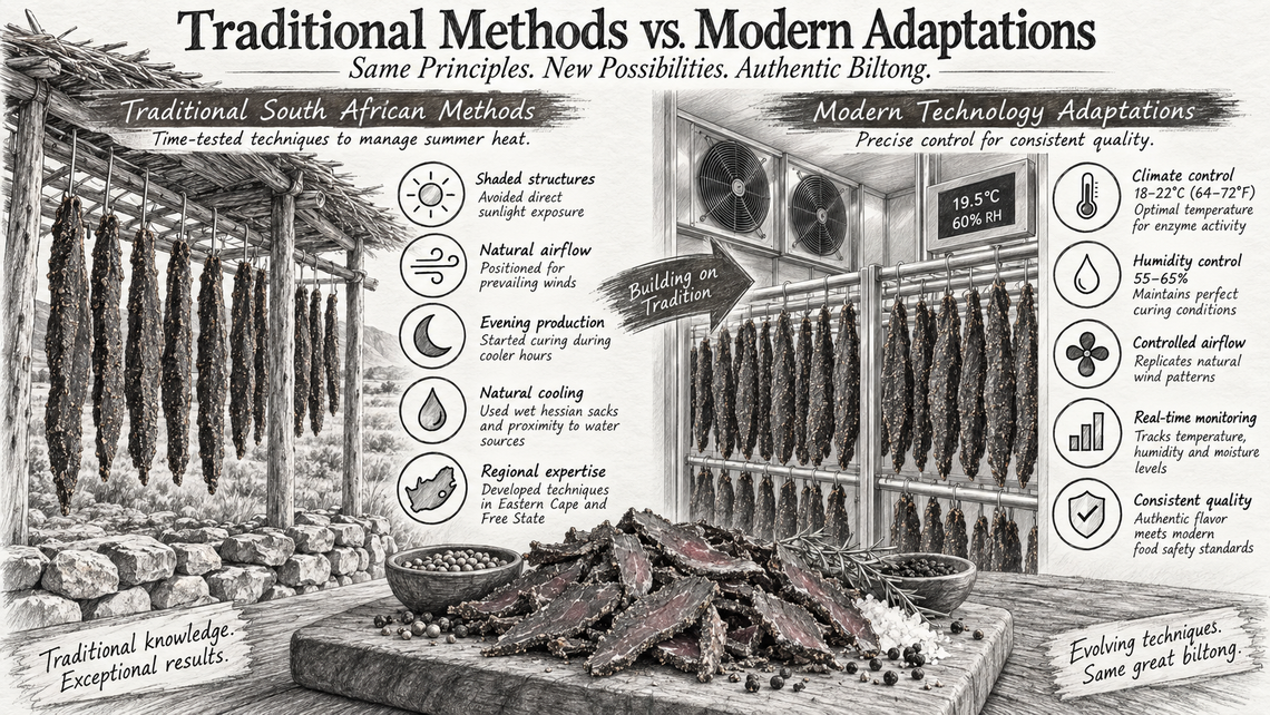 Traditional biltong curing methods compared with modern climate-controlled air-curing, including natural airflow, cooling, humidity control and quality monitoring.