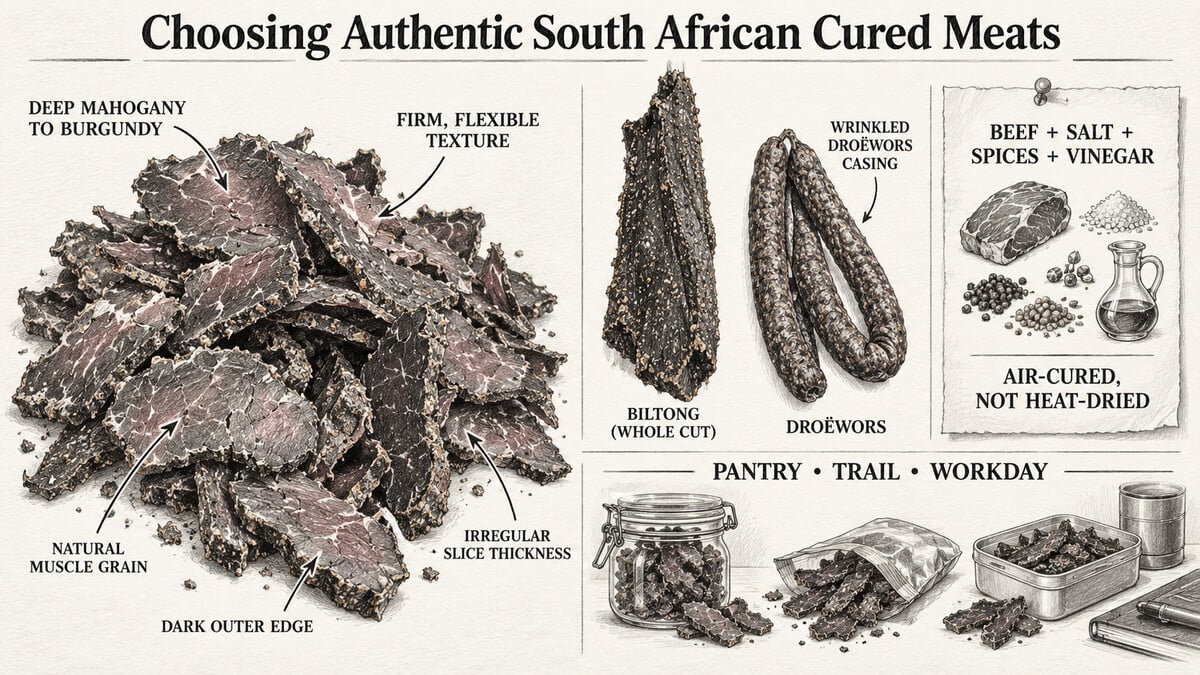 Illustrated guide identifying authentic sliced biltong, whole-cut biltong, wrinkled droëwors, traditional ingredients, and natural cured-meat texture.