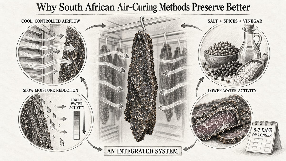 Graphite diagram showing controlled airflow, gradual moisture reduction, lower water activity, spices, salt, and vinegar working together during biltong curing.