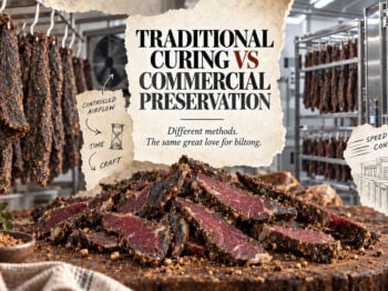 Traditional curing vs commercial preservation, showing authentic hanging and sliced South African biltong beside an industrial processing system.